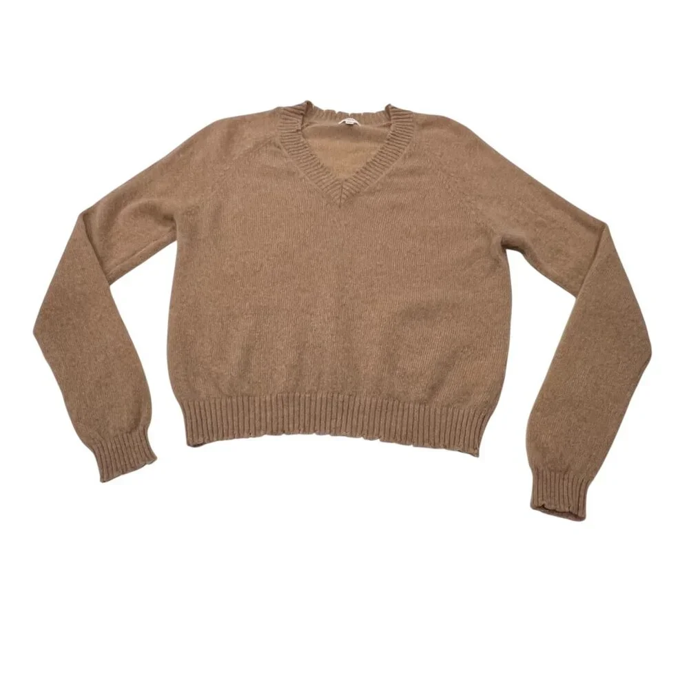 Minnie Rose Cashmere Frayed Edge V-Neck Sweater, Camel S